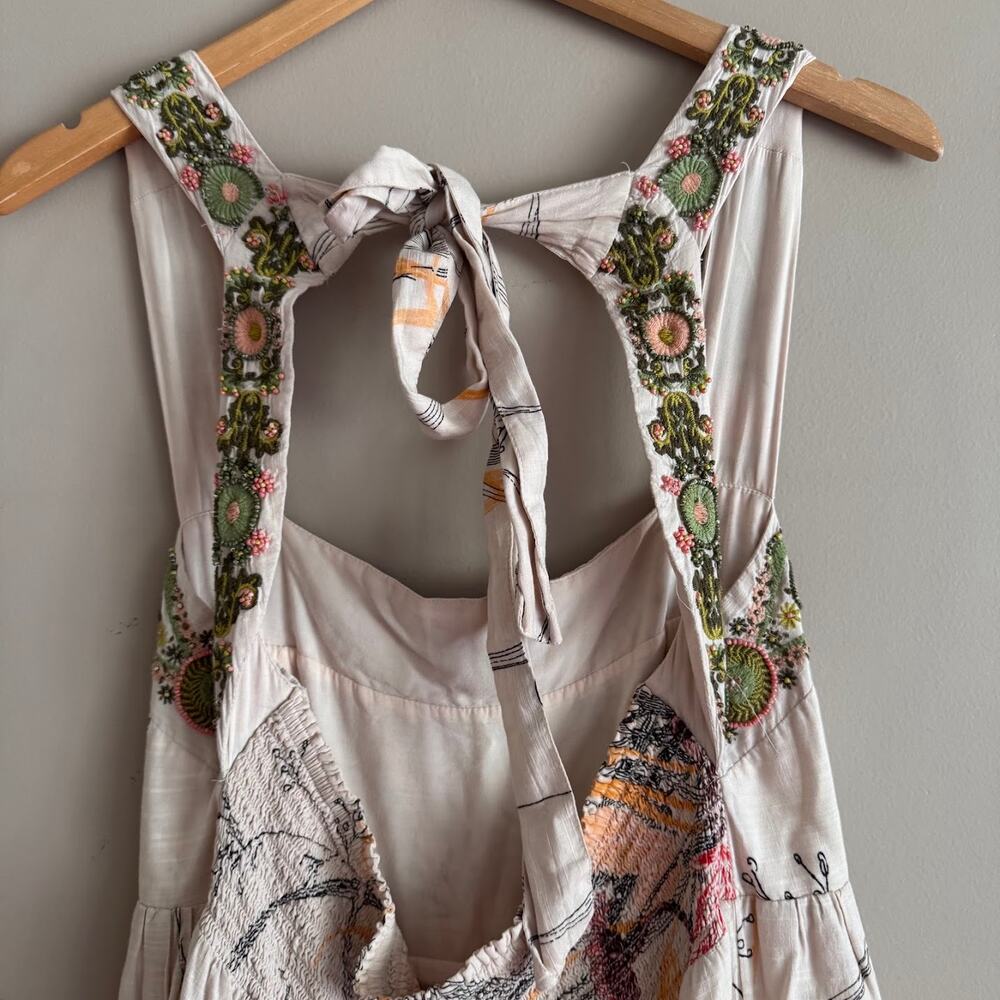 By Anthropologie Embroidered Square-Neck Floral Tiered Maxi Dress Beaded Boho L - Picture 4 of 10